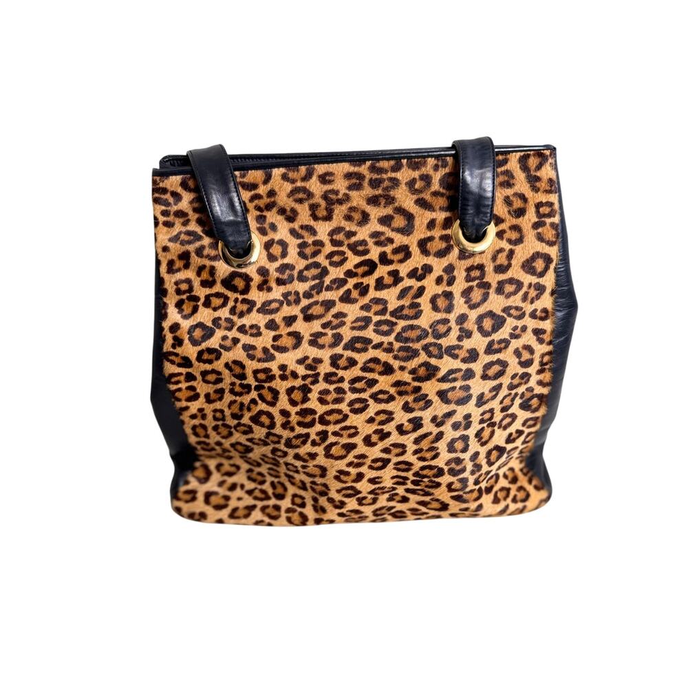 Vintage Boris purse black leather and tan animal print calfskin shoulder bag